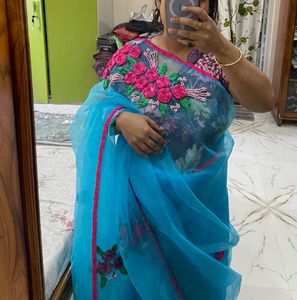 Blue Organza Saree with Floral Embroidery