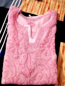 Women Chikan Georgette A-line Kurta Pink