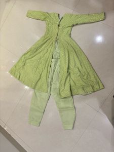 Lime Green Embroidered Anarkali Pant Suit