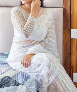 White Net Sequins Saree With Unstitched Blouse