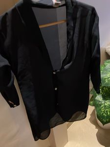 Elegant Navy Blue Sheer Blouse