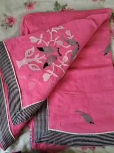 Pink Cotton Saree with Bird Embroidery