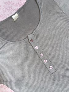 Grey Ribbed Button-Up Crop Top