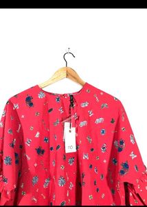 Red Floral Tie-Sleeve Blouse