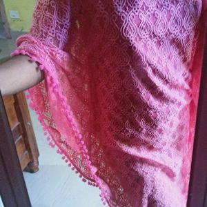 Pink Lace Tunic Top with Pom-Pom Trim