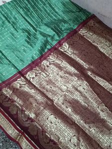 Green & Maroon Zari Checks Saree