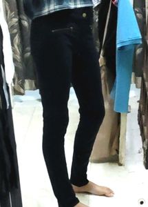 Navy Blue Zipper Detail Skinny Pants