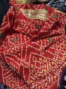 Red Bandhani Sari with Gold Border