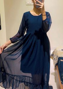 Navy Blue Chiffon Midi Dress Korean Style