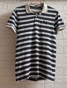 Original Puma Jacqaurd Stripped Polo Neck Grey Tee