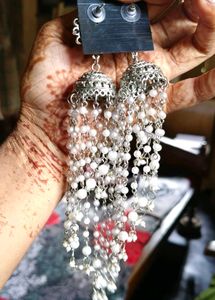 Long Statement White Pearl Earrings