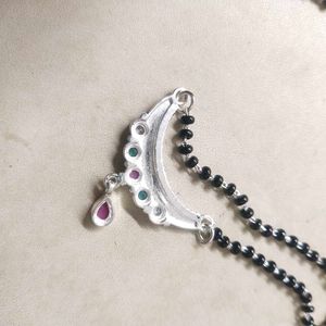 PureSilver Single Line Green&amp;Pink Stone Mangalsutr