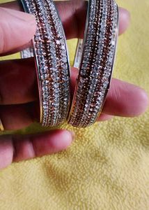 Silver Stone-Studded Metal Bangles (Set of 2)