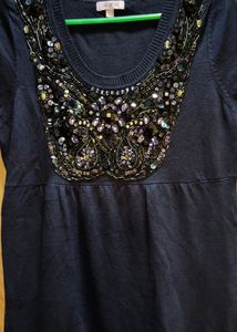 Navy Blue Wool Heavy Neck Work Top Style T-shirt
