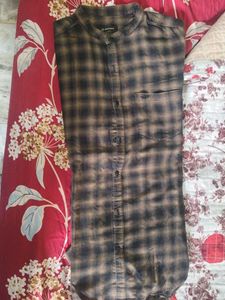 Brown Checkered Mandarin Collar Shirt