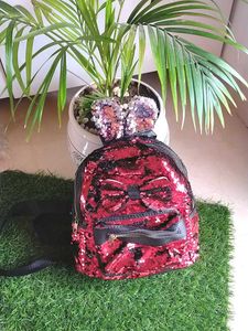 Red Sequin Backpack With Pink Bunny Ears And Bow