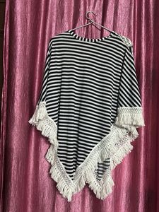 Striped Poncho with Lace Details