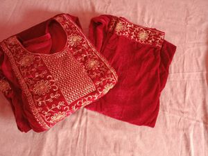 Velvet Maroon Nyra Cut Kurta With Plazo XL Size