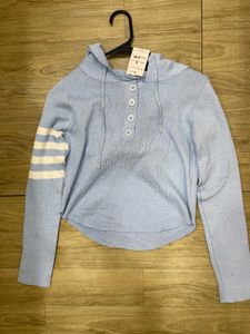 Light Blue Cropped Knit Hoodie - Size - S