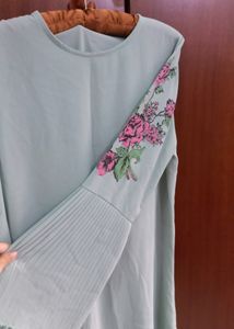 Turquoise Knee Length Dress With Flared Sleeves