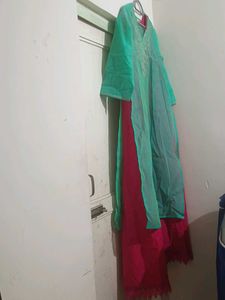 Pink Sleeveless Dress With Green Kurta On Top