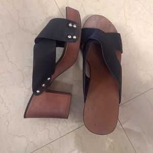 Black Leather & Wood Heeled Mules