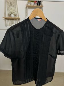 Black Sheer Chiffon Pleated Tops