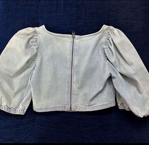Denim Corset Crop Top With Balloon Sleeves