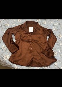 Brown Satin Blouse With Wrap Skirt