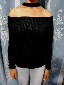 Black Striped Cold Shoulder Top