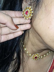 Pearl Necklace &amp; Earring  Set chopper light golden