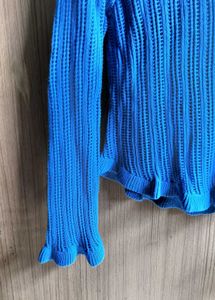 Blue knit, chic crochet top/shrug.