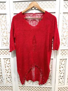 Red Distressed Knit Top C