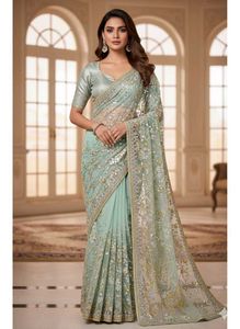 Aqua Net Saree with Silver and Gold Crystal Embell