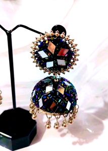 Black Jhumka With Mirror And Bead Work