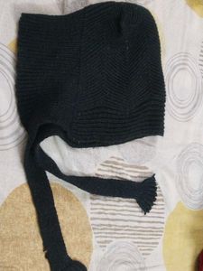 Black Tie-Up Winter Cap for Women