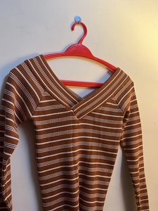 Brown Striped Ribbed Winter Top