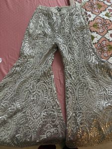 Silver net bootcut pant with mirrorwork