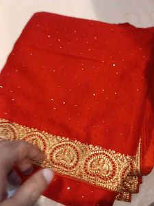 Red &amp; Gold Peacock Feather Saree