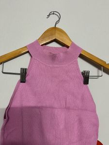 Pink Ribbed Knit Halter Top