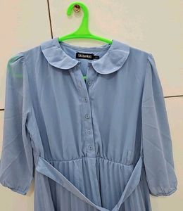 SASSAFRAS Blue Peterpan Pleated Belted Midi Dress