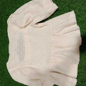 Eyelet Peplum Top - Square Neck Puff Sleeve