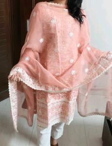Women Peach Cotton Mix Chikankari Work Suit