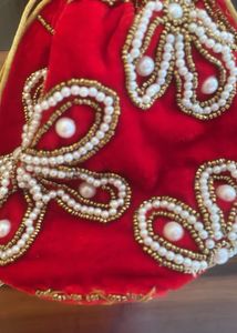 Red Beaded Velvet Potli Bag