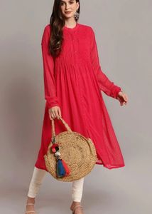 Pink Poly Chiffon Self Design Frontslit Kurta