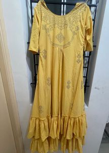Yellow  Mustard Embellished Ruffle Dress