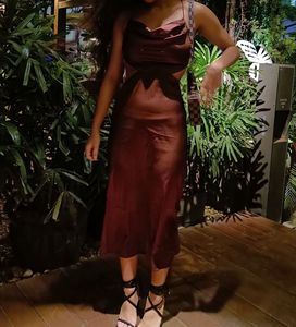 URBANIC Sleek Brown Cutout Satin Dress
