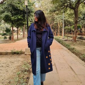 Navy Blue Overcoat Hand Embroidered Applique Work.