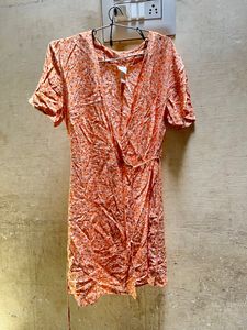 H&m Orange Floral Rape On Tie Dress