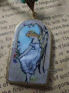 Angel By The Window Clay Pendant Necklace Green